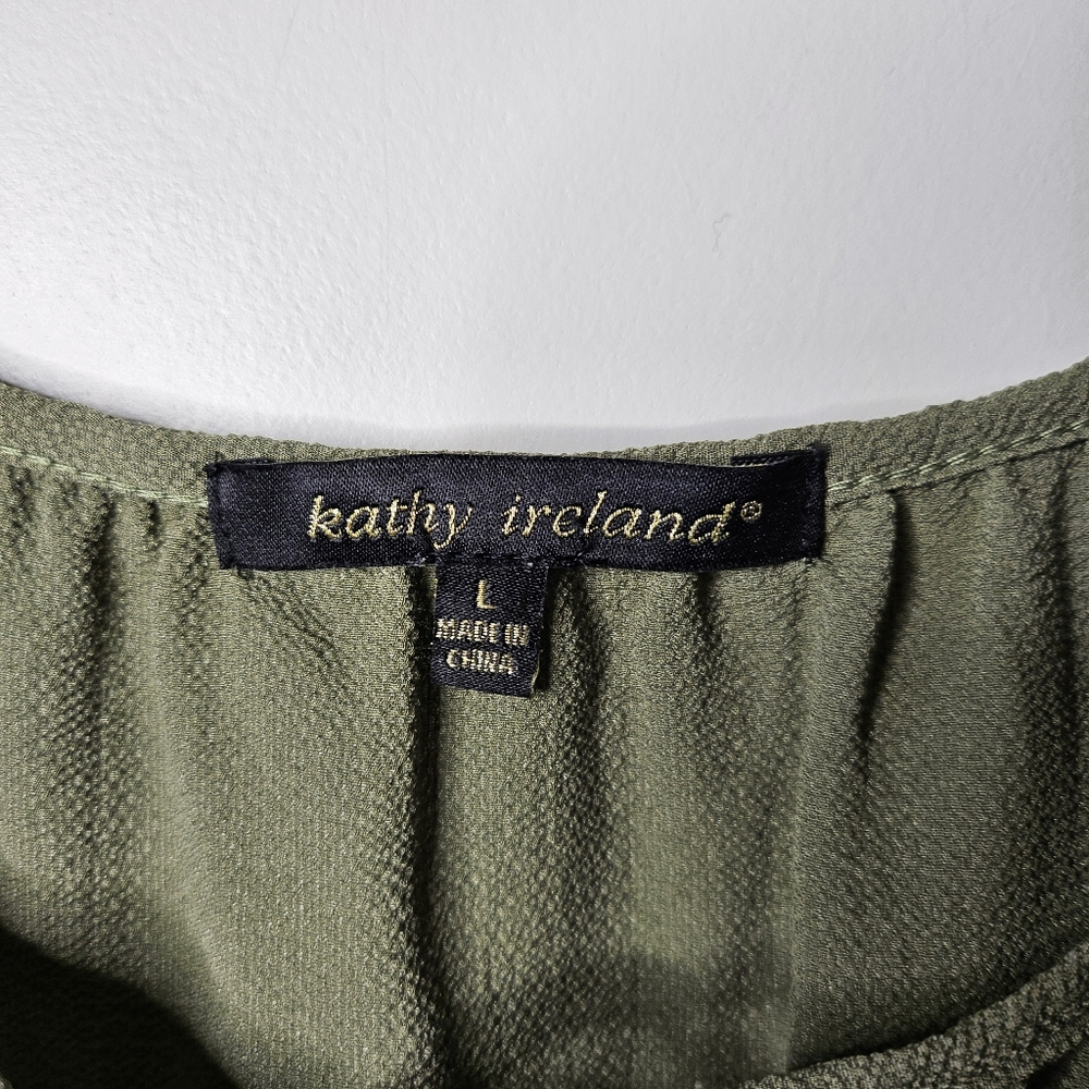 Kathy Ireland Blouse Size L Olive Green Peasant Elastic Cuffs Tie Neck Cottage - Picture 5 of 10